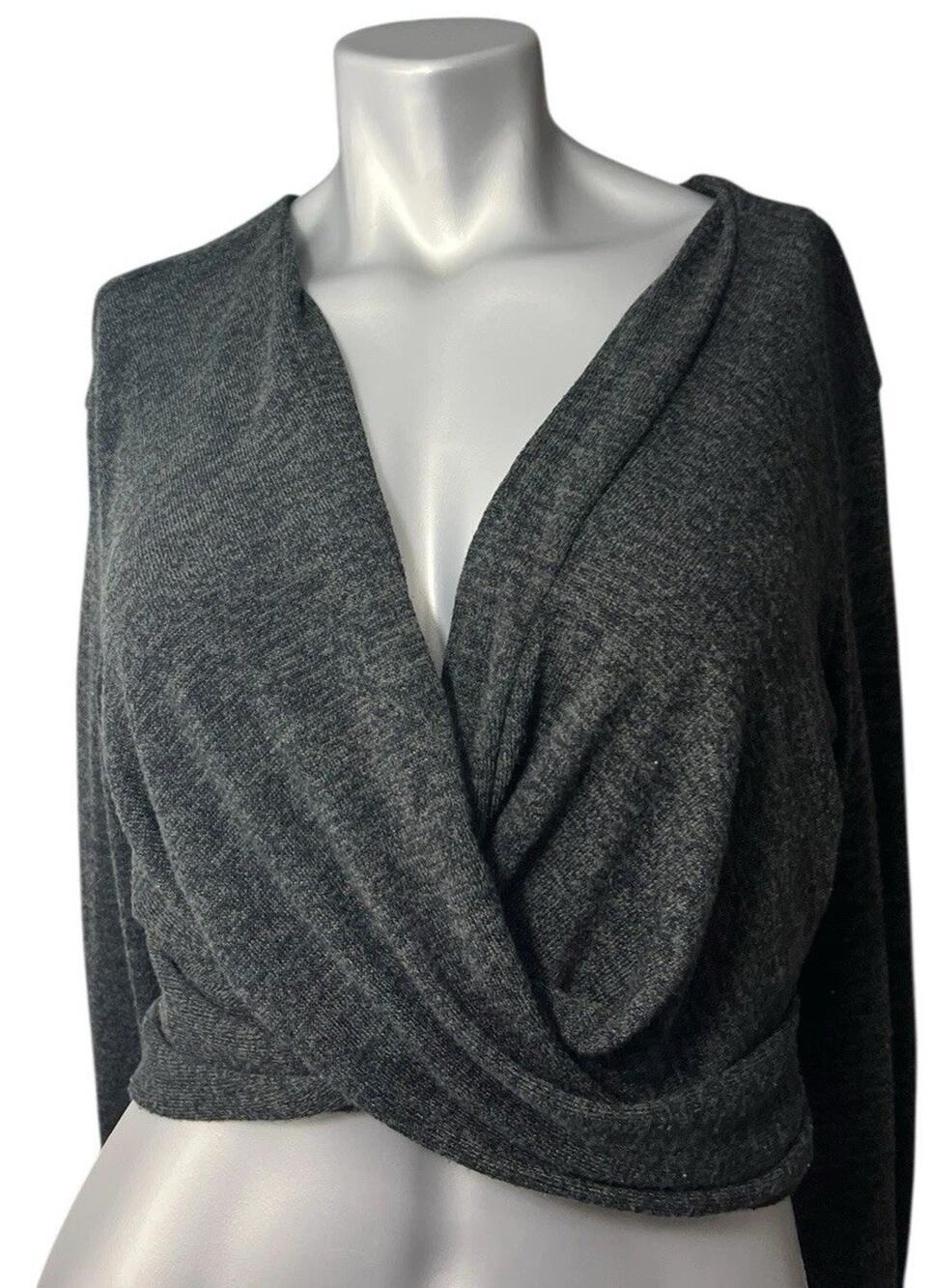 Anthropologie Cropped Sweater Crossover Gray Cropped Small Long Sleeve Knit Boho